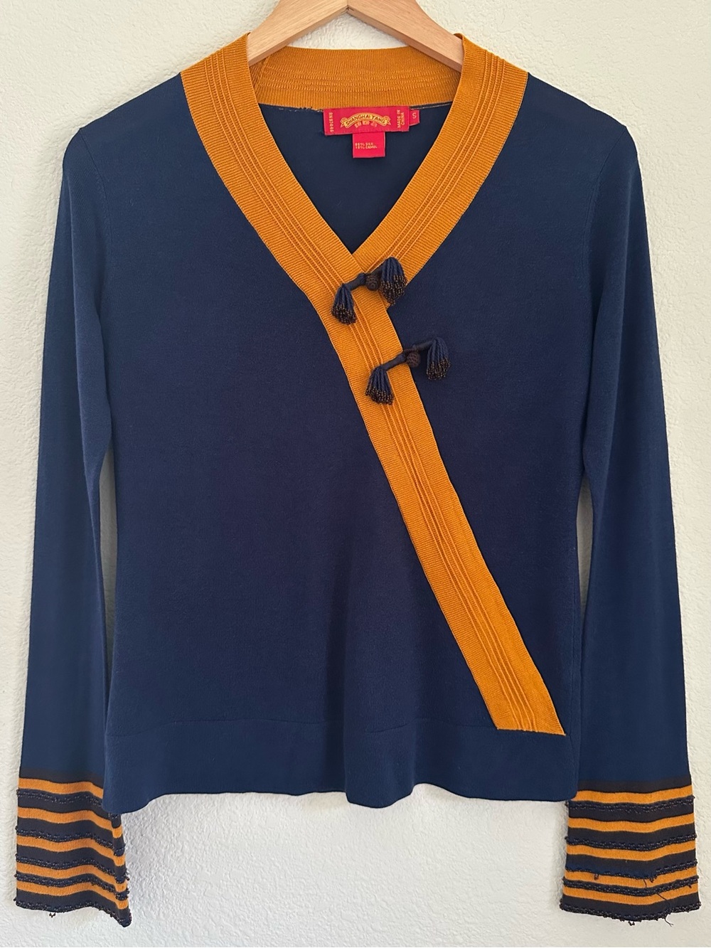 Shanghai Tang Silk Camel Tassel Sweater S Navy Gold Beaded Cuff Luxury Knit